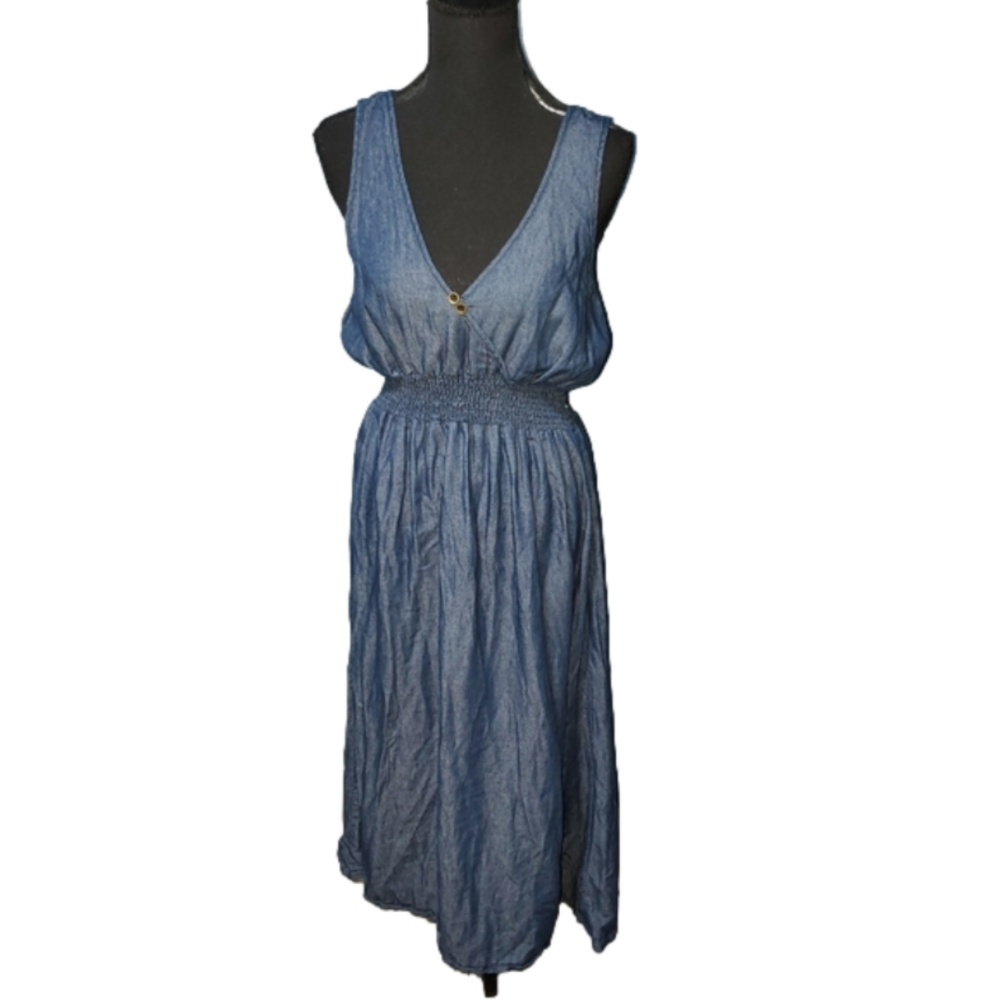 Be Girl Denim Maxi Dress Deep V Neck Elastic Waist - Sleeveless - small/medium